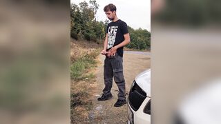 Jacked off and peed in the parking bunch near the highway + cum-shot