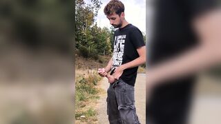 Jacked off and peed in the parking bunch near the highway + cum-shot
