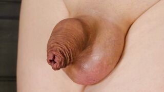 Sluggish lil fuck-stick with drooping foreskin nut close up demonstrates his diminutive shrivelled uncircumcised schlong