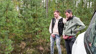 2 bearded boys had dual urinate in the woods and also peed on their Tesla truck. Outside homo porno