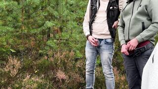 2 bearded boys had dual urinate in the woods and also peed on their Tesla truck. Outside homo porno