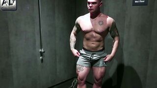 Gym jock muscle undresses off and gets enormous uncircumcised shaft out in public restroom crusing