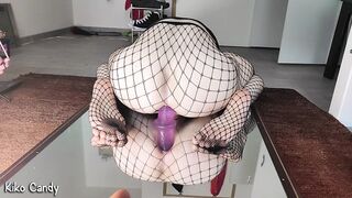 Fishnet Femboy juggles his Hefty Rump on XXL Fuck sticks