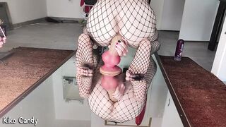 Fishnet Femboy juggles his Hefty Rump on XXL Fuck sticks