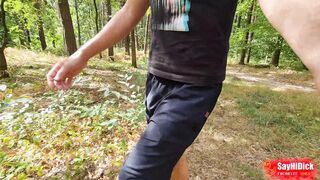 Tender foreskin bare runs in the woods and then drains off