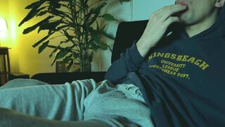 Man deep throats his own perspiring toes and blows a load in his own gullet