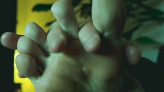 Man deep throats his own perspiring toes and blows a load in his own gullet