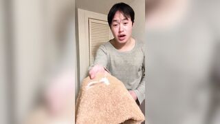 Dangled Chinese Man Drains And Shoots a load On Towel And Slurps It