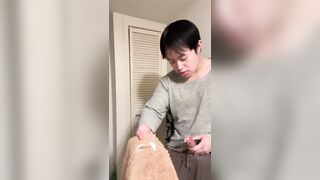 Dangled Chinese Man Drains And Shoots a load On Towel And Slurps It