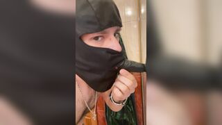 Steaming man deep-throat dark-hued wood deep in the restroom